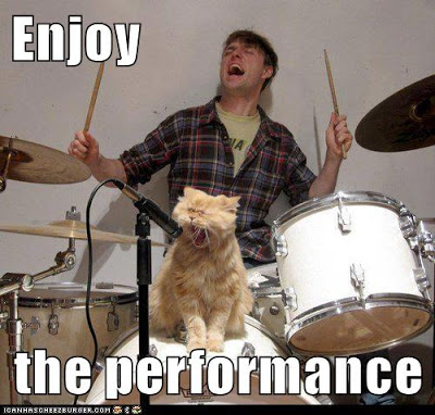 cat sings while drummer drums