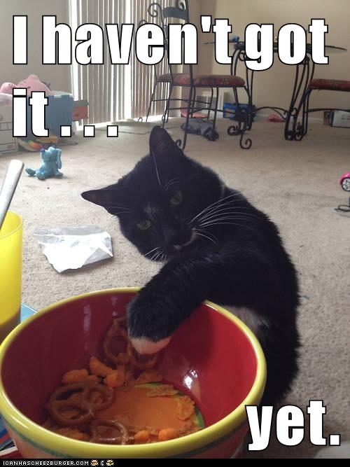 cat reaches in bowl of Chex Mix