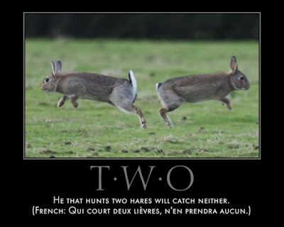 two rabbits going in opposite directions